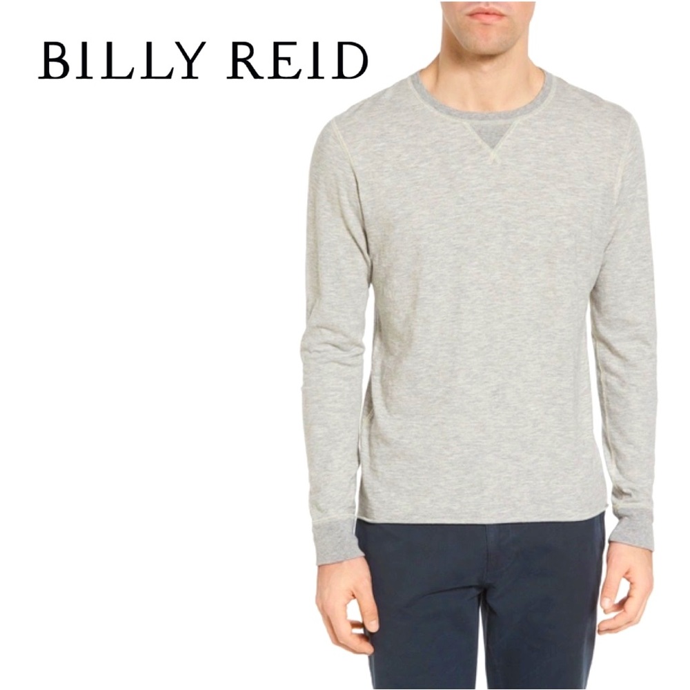 Billy Reid Dylan Long-Sleeve Crewneck T-Shirt Top Heathered Grey Microstripe XXL